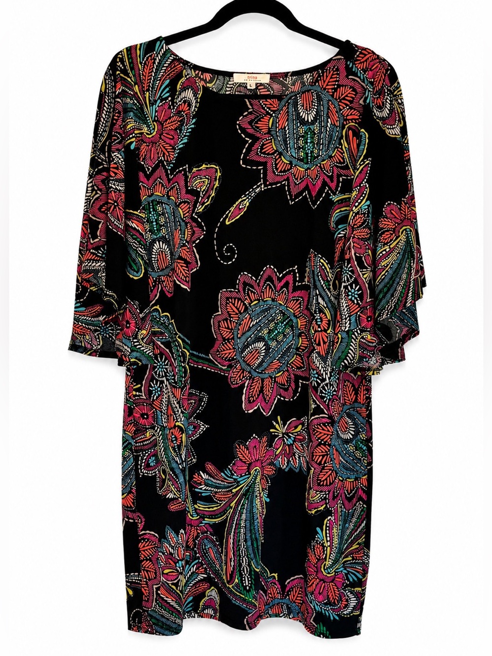 Trina Turk Boho Paisley Silk-Feel Knit Dress Large Dolman Sleeve Shift